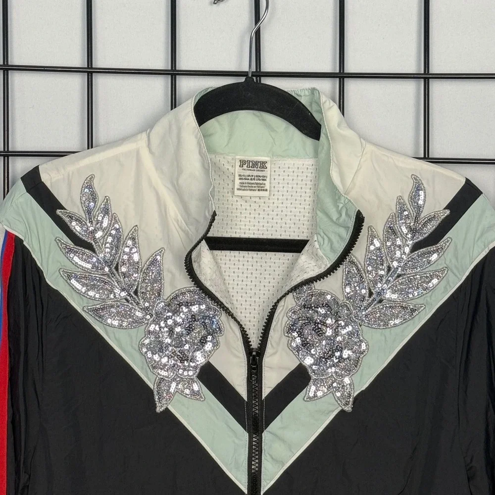 Victorias Secret PINK Bling Sequin Appliqué Jacket Womens XS/S Green Windbreaker